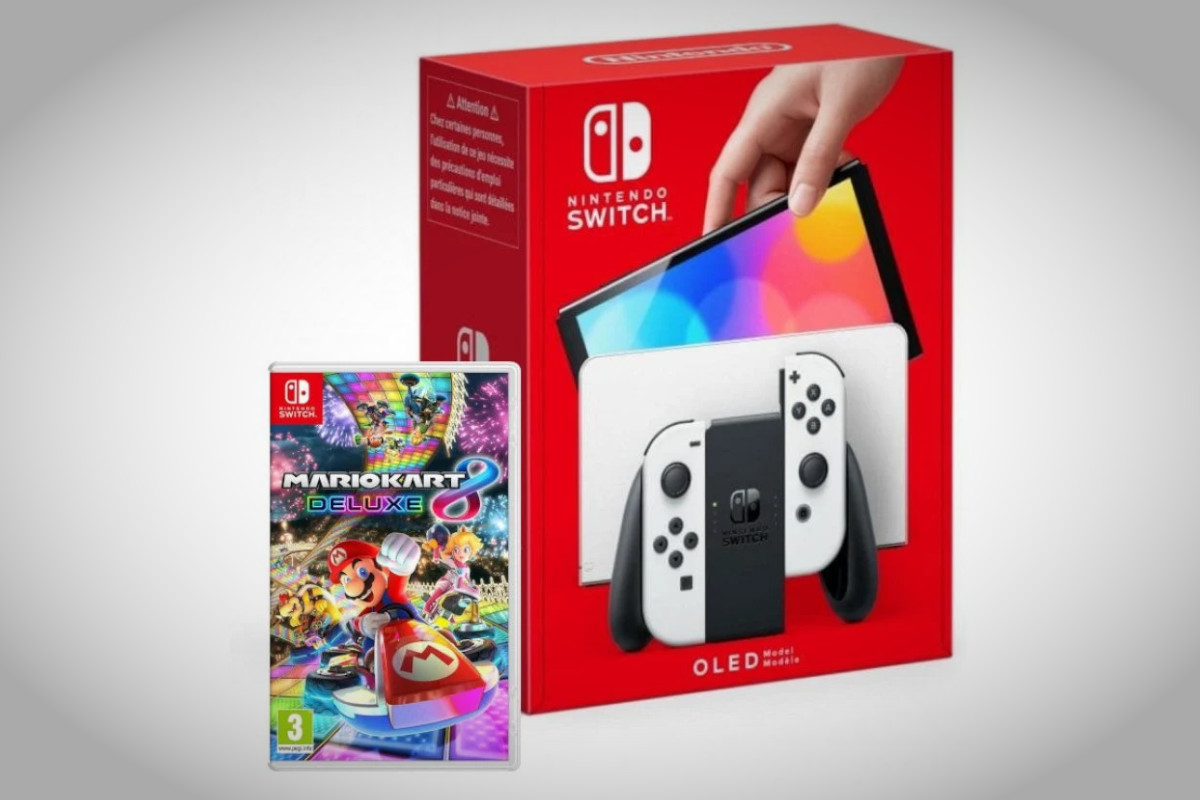 Nintendo Switch OLED Blanca y Mario Kart 8 Deluxe. Imagen: Nintendo